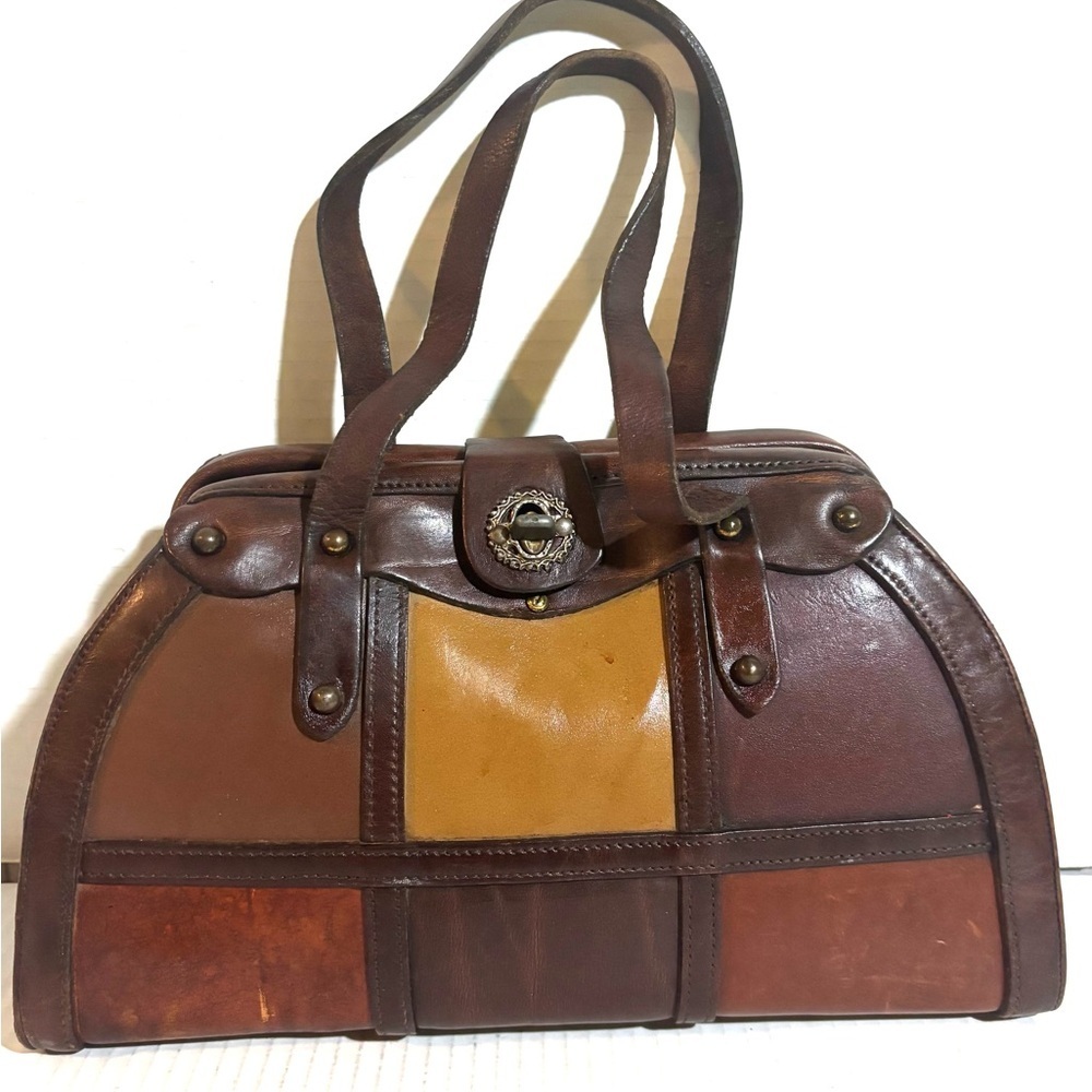 Vintage Patchwork Leather handle Bag - Brown & Tan